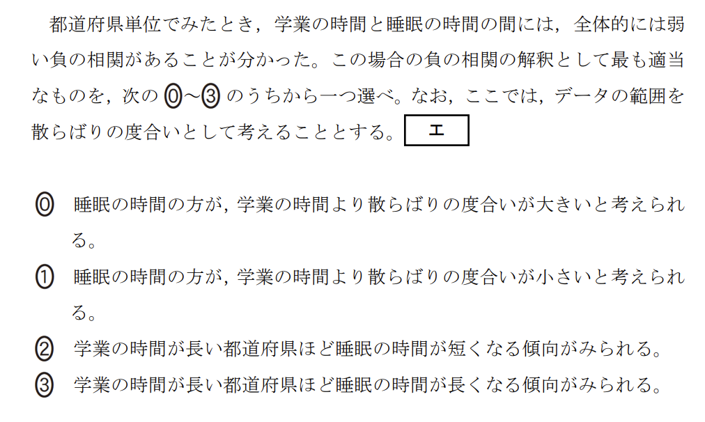 次の文章を読み、後の問い(問1~5)に答えよ。
次の表1は、国が実施した生活時間の実態に関する統計調査をもとに、15歳以上19歳以下の若年層について、都道府県別に平日1日の中で各生活行動に費やした時間(分)の平均値を、スマートフォン・パソコンなどの使用時間をもとにグループに分けてまとめたものの一部である。ここでは、1日のスマートフォン・パソコンなどの使用時間が1時間未満の人を表1-A、3時間以上6時間未満の人を表1-Bとしている。
(表1-A、表1-B:生活行動時間に関する都道府県別平均値)
花子さんたちは、表1-Aをスマートフォン・パソコンなどの使用時間が短いグループ、表1-Bをスマートフォン・パソコンなどの使用時間が長いグループと設定し、これらのデータから、スマートフォン・パソコンなどの使用時間と生活行動に費やす時間の関係について分析してみることにした。
ただし、表1-A、表1-Bにおいて一か所でも項目のデータに欠損値がある場合は、それらの都道府県を除外したものを全体として考える。なお、以下において、データの範囲については、外れ値も含めて考えるものとする。